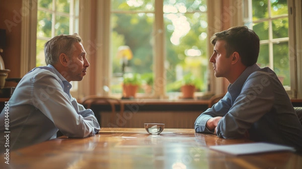 Fototapeta A photograph depicting a mediated discussion or negotiation between individuals in conflict. The image conveys the importance of effective communication in resolving disputes.