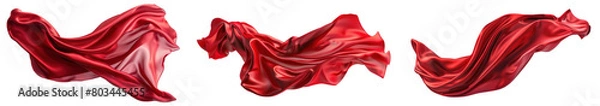 Fototapeta Red long silk or satin fabric floating in the air, transparent or isolated on white background