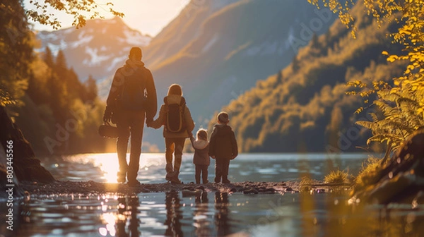 Fototapeta A family exploring nature together, whether hiking in the mountains or playing on the beach, bonding over shared adventures and enjoying the beauty of the natural world