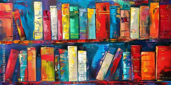 Obraz Dynamic Abstract Painting of Colorful Books on Shelves. Knowledge and Learning.