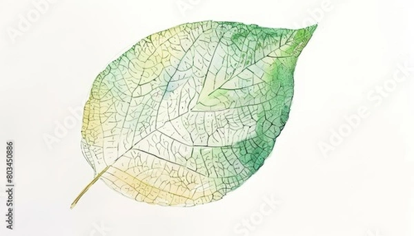 Fototapeta Aquarelle painting of a leaf with white background. The veins of the leaf are visible.