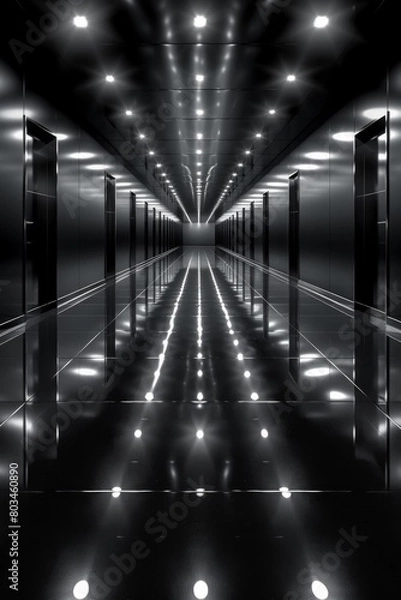 Fototapeta A long hallway with lights and mirrors on the walls, AI