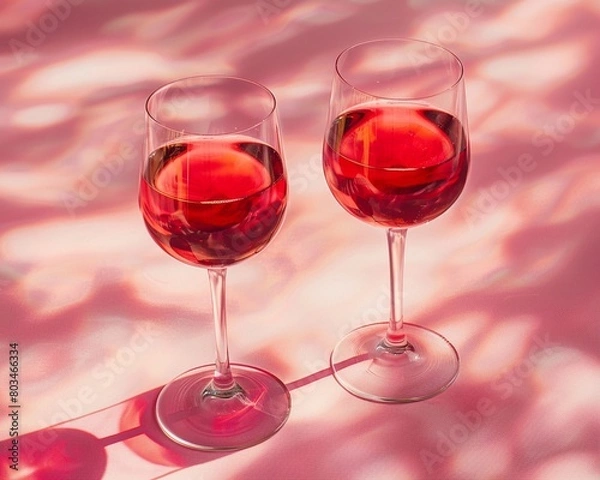 Fototapeta Refraction of light and shadow through glasses of red wine Light passing through crystal glass Caustic effect Minimal autumn concept with wine on a light background , pastel