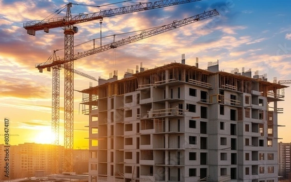 Fototapeta Building Under Construction With Crane in Background