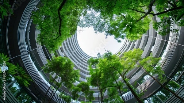 Obraz Modern circular building with trees growing inside, promoting green architecture.