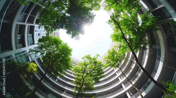 Obraz Upward view of a circular apartment complex surrounded by lush green trees.