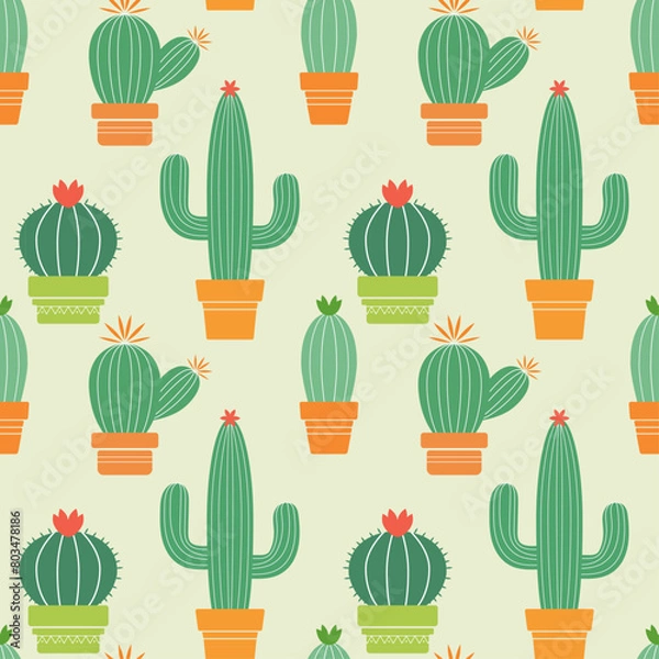 Fototapeta Cactus pattern, repeating cactuses vector background.