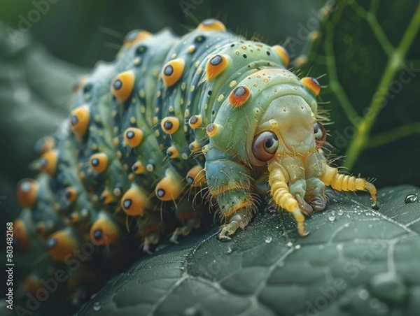 Fototapeta Hyperreal images of a silkworm on mulberry leaf, detailed macro photo, suitable for silk fabric manufacturers.