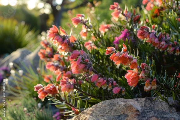 Obraz The beauty of Darwinia flowers cultivated in a garden setting, focusing on the integration of these unique Australian natives into diverse garden designs - Generative AI