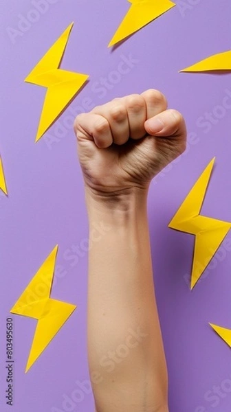 Fototapeta A clenched fist raised against a lilac background surrounded by paper cut lightning bolts. Concept of strength and energy symbolizing empowerment.