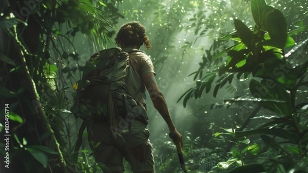 Fototapeta An intrepid explorer trekking through a dense jungle, machete in hand as they hack their way through tangled vines and dense undergrowth.