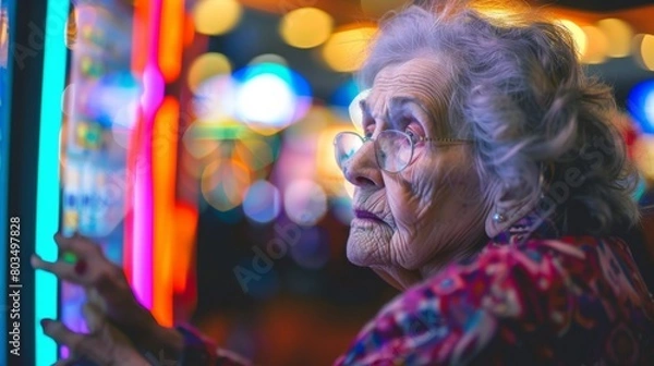 Fototapeta The image captures an elderly lady participating in the act of playing a slot machine, with neon casino lights as a backdrop