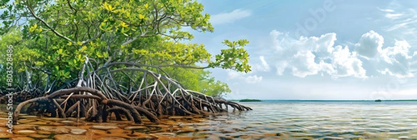 Fototapeta The vibrant ecosystem of a coastal delta during high tide, showing diverse bird species and dense mangroves