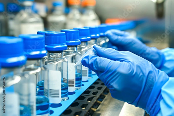 Fototapeta Hands of staff check Medical vials on production line at pharmaceutical factory. Healthcare and medical concept