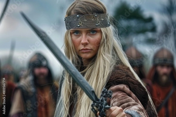 Fototapeta An exquisite depiction captures a Slavic warrior female donning his chainmail armor in a striking portrait.
