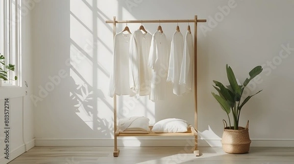 Fototapeta A minimalist rack with neatly arranged women's against the backdrop of an empty room, symbolizing sustainable fashion and eco-friendly outfit choices.