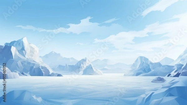 Fototapeta Ice and snow-themed low poly background, featuring whites and light blues for a chilly atmosphere, wallpaper, copy space