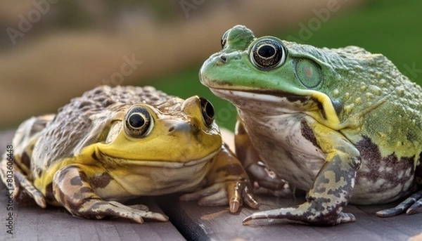 Fototapeta Two frogs on a table with a forest background