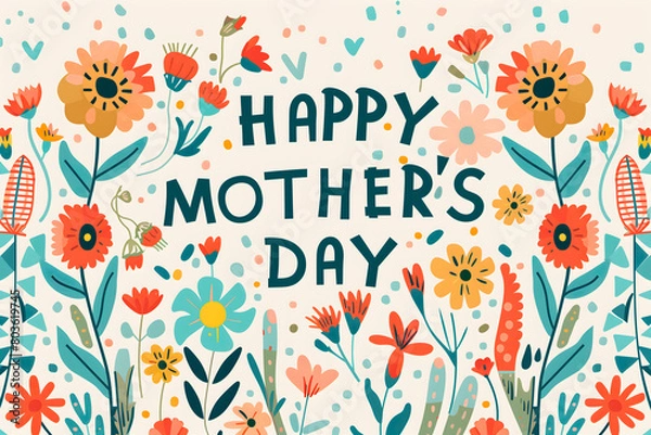 Fototapeta Illustration of the text 'Happy Mother's Day,' surrounded by flowers
