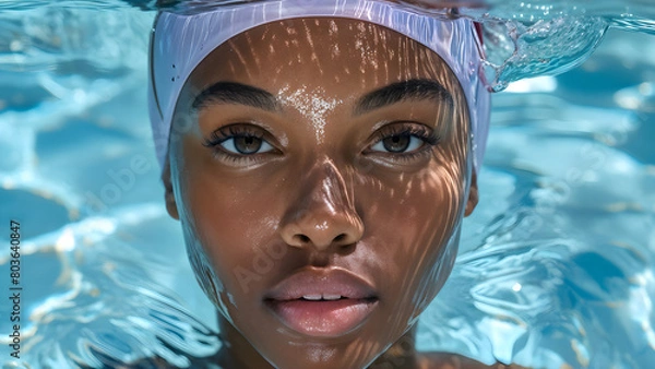 Obraz Streamlined Aquatic Style: Swim Cap on Black Swimmer, Hydrodynamic Elegance: Swim Cap for African-American Athlete, Dynamic Swimwear: Black Female Athlete in Swim Cap