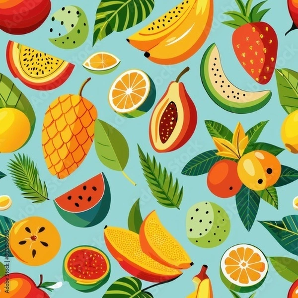 Fototapeta Seamless pattern of tropical island fruits like bananas and mangos, Generative AI