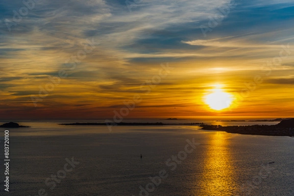 Fototapeta top view of Alesund during a sunset in a sunny evening, Norway