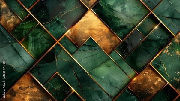 Fototapeta Abstract green and gold geometric background with marble and metal textures.