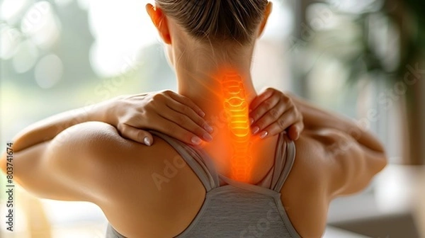 Fototapeta Back view.  close-up of a woman's head and neck. She is using both hands to support her shoulders, with an X-ray effect depicting the cervical spine and a highlighted focus on the neck.