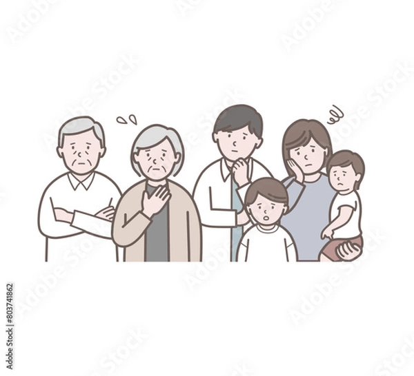 Fototapeta 悩む、困った顔の小さい子供と犬のいる二世帯家族の上半身イラスト