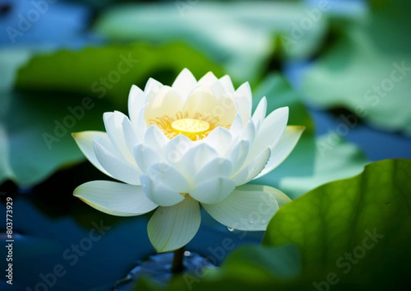 Fototapeta Beautiful White Lotus Flower with green leaf in in pond, extreme detail with full focus due to stacking of shots