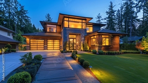 Fototapeta Inviting Home Exterior with Warm Lighting