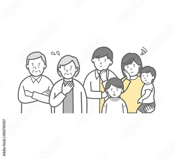 Fototapeta 悩む、困った顔の小さい子供と犬のいる二世帯家族の上半身イラスト