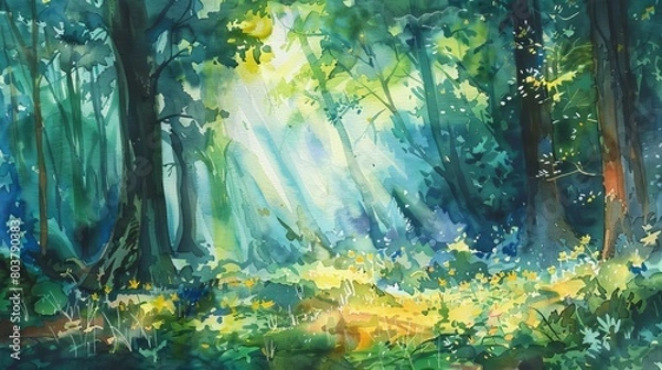 Fototapeta Gentle watercolor of a secluded forest glade, sunbeams piercing through the canopy to illuminate the vibrant undergrowth