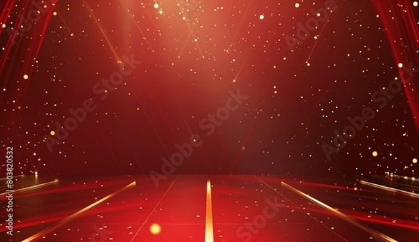 Fototapeta Red background with light effect dots and lines at the top of the screen. A red tone background features a dark gold colored box in the center bottom, in the style of a movie award ceremony