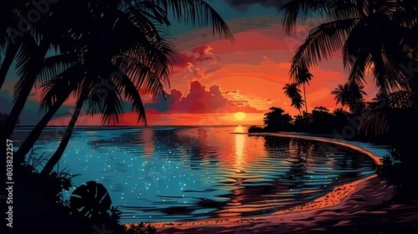 Fototapeta seaside sunset illustration poster background