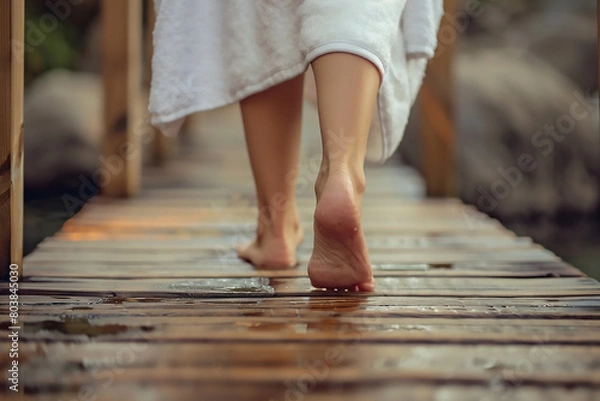 Fototapeta Close up of a woman's feet walking on a wooden bridge in a spa center, focusing on the foot with a white towel around the waist, warm tones, natural light, high resolution 