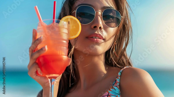 Obraz Close up portrait of beautiful woman in sunglasses drinks cocktail on the beach, copy space for text, Vibrant color, studio lighting, Sony α7 IV, 50mm lens f/2.8 ultra realistic photograph