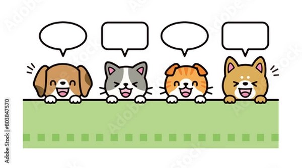 Fototapeta Illustration set of dog and cat peeking out from the wall and laughing