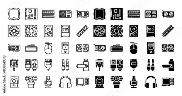 Fototapeta Computer hardware and component icon set, line and solid style. Contains such icon as motherboard, ram, cpu, mouse, keyboard and more.
