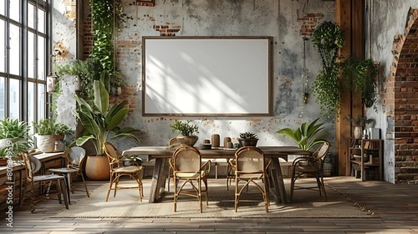 Fototapeta Experience the charm of a rustic dining room where a large blank poster mockup is set against the main wall, surrounded by vintage furniture.