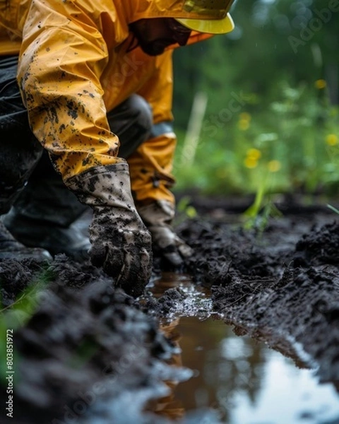 Fototapeta Field worker collecting soil samples from a bioremediation site to analyze the effectiveness of pollutant degradation
