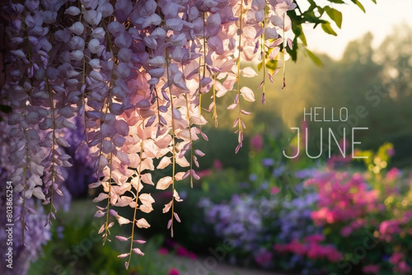 Obraz Hello June text on a blooming garden background. Selective focus. 