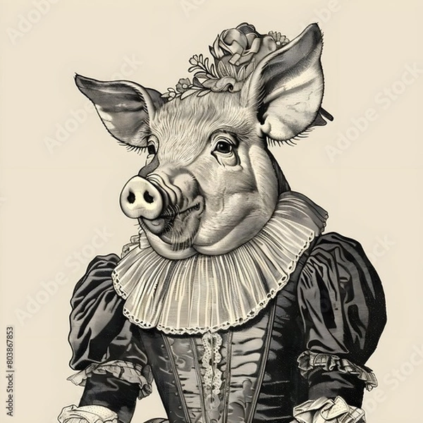 Obraz Coloring book a pig walking on black background Generative Ai