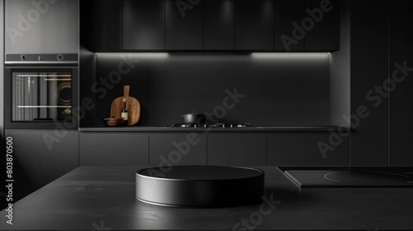 Fototapeta A sleek, black podium, with a modern design, set against a backdrop of a minimalist, black kitchen.