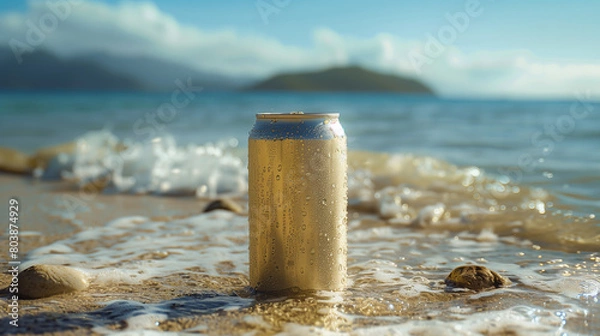 Fototapeta bottle on the beach, Tall silver beer can, closeup. Space for design, drink can on beach, blue sky
