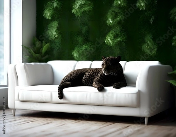 Obraz A black spotted panther licks on a white sofa and a green background