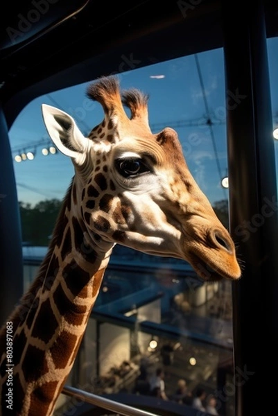 Obraz Curious giraffe looking through glass window