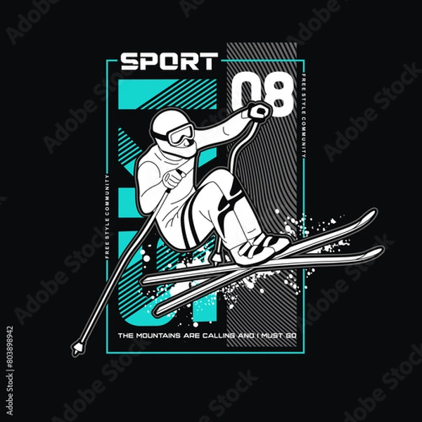 Obraz ski sport with typography background, vector illustration