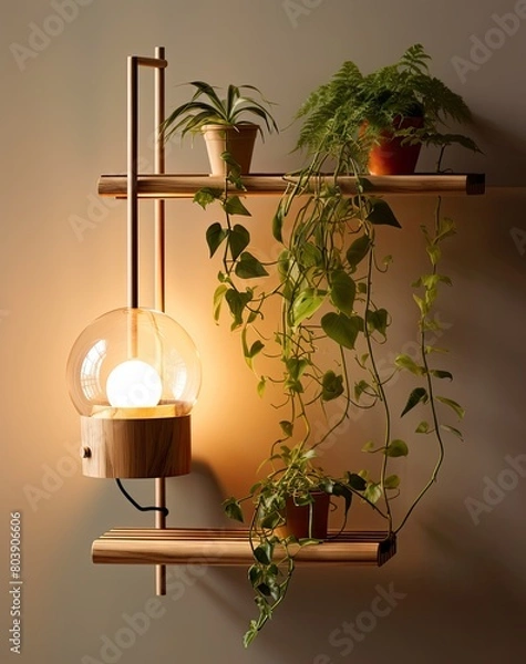 Obraz Cozy indoor plant display with hanging shelves and lighting