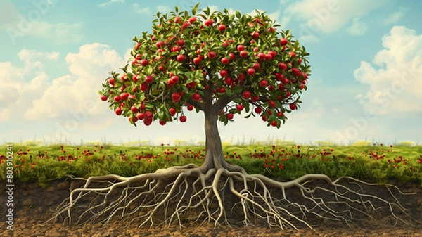 Obraz A tree with roots underground, growing apple trees in the ground.